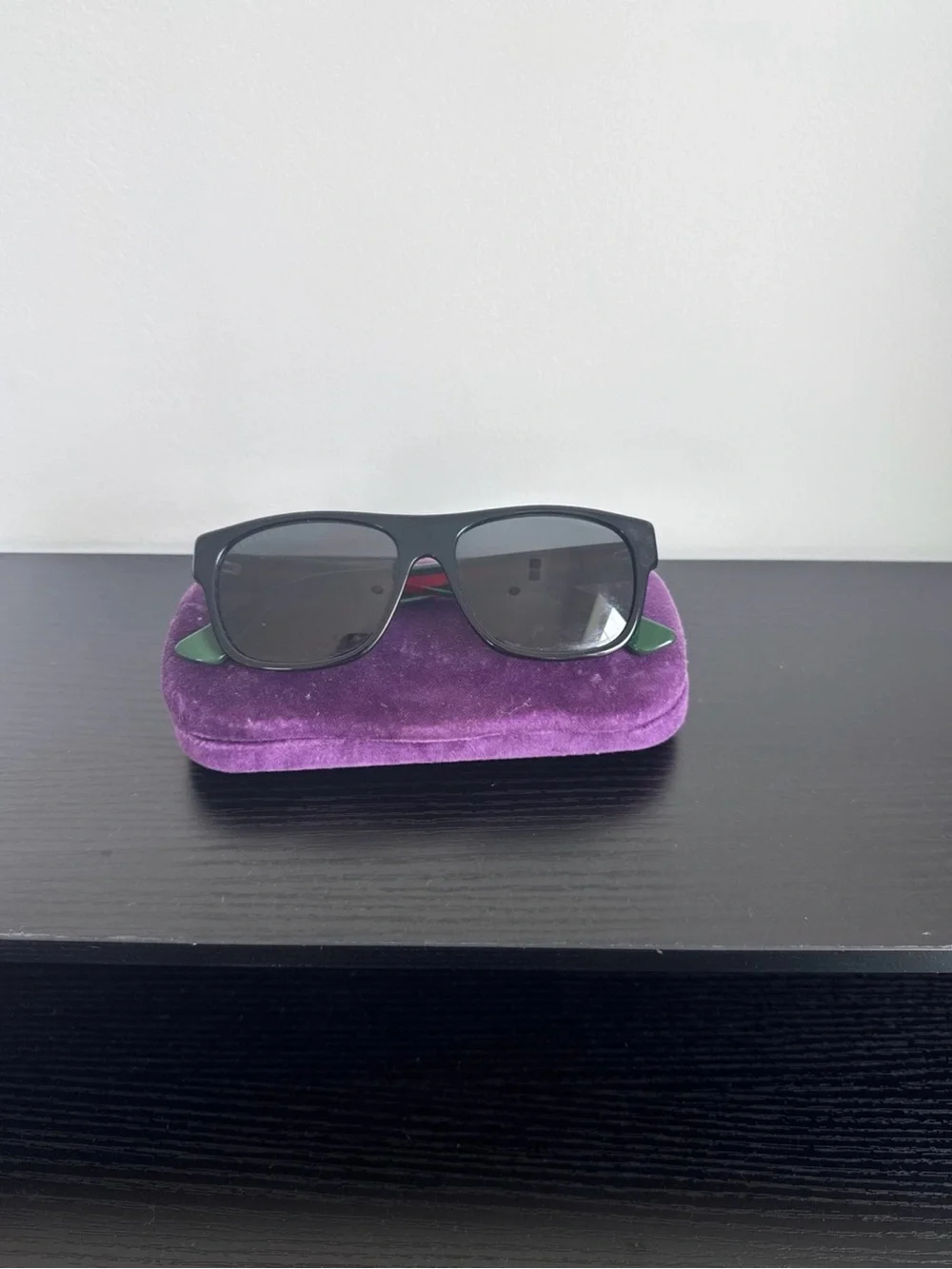 Gucci Green Frame Sunglasses with Black Lenses and Purple Case
